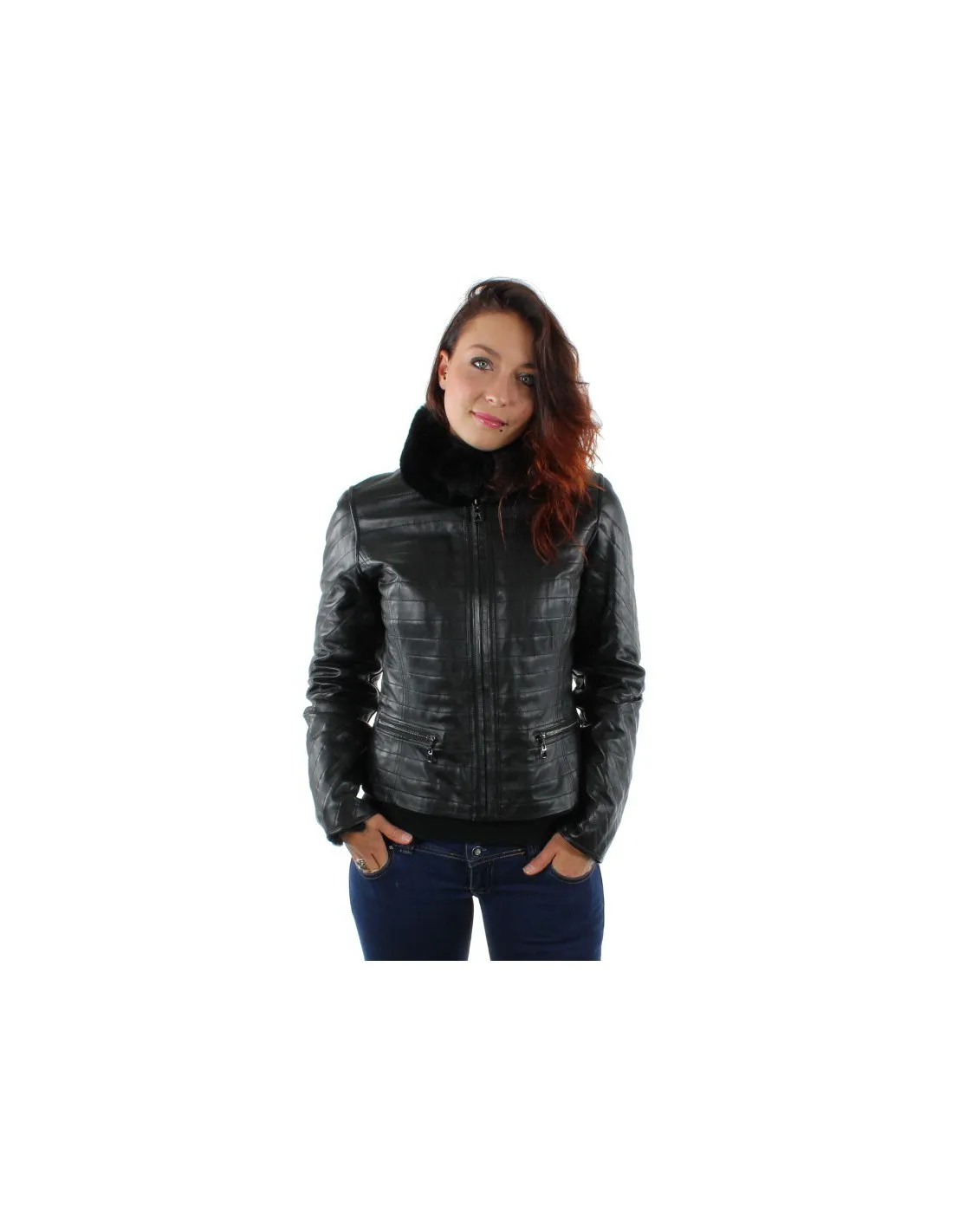 Blouson cuir et fourrure ref_die33465-noir