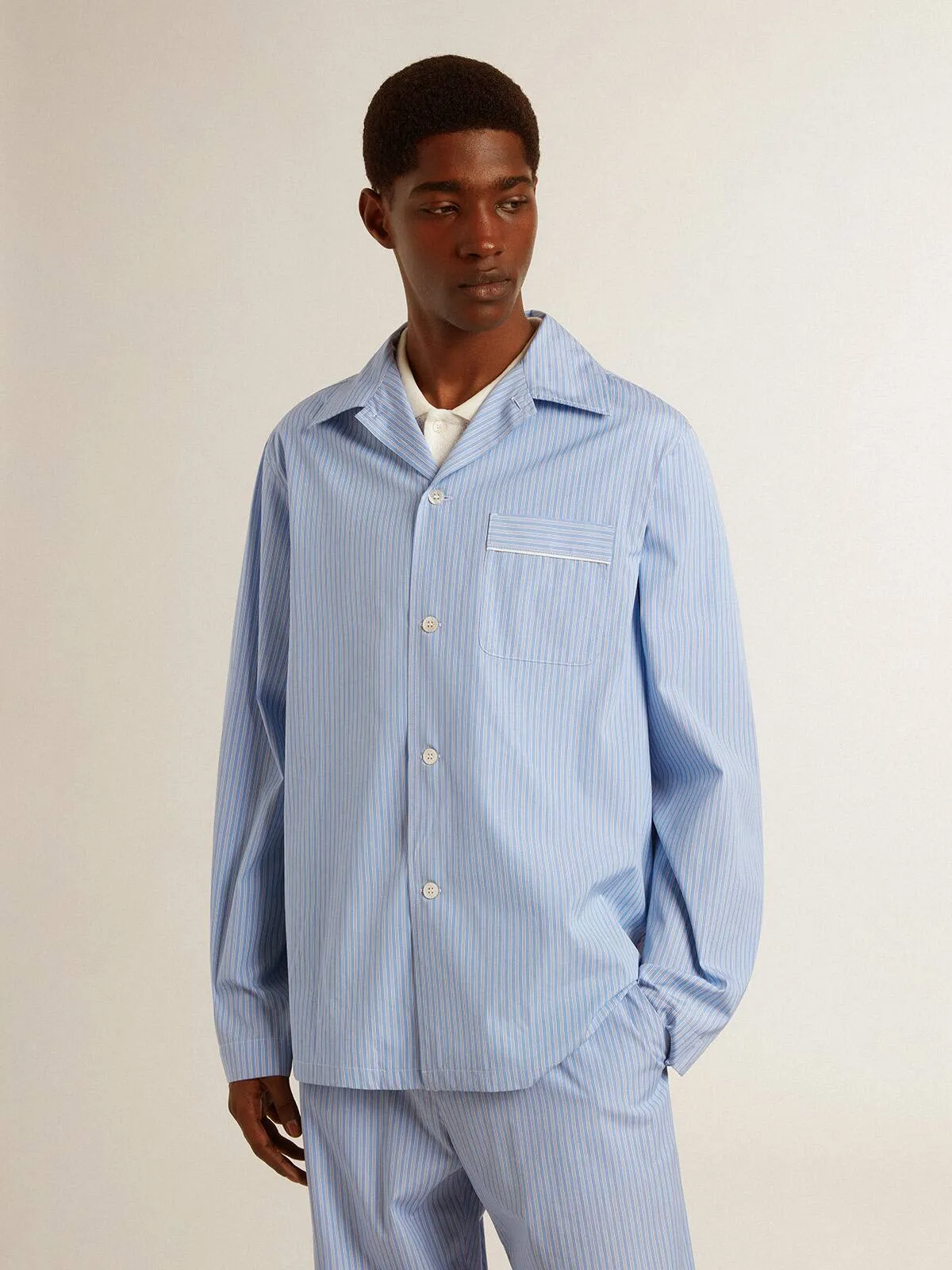 Chemise homme en popeline de coton à rayures blanches et bleu ciel | Golden Goose