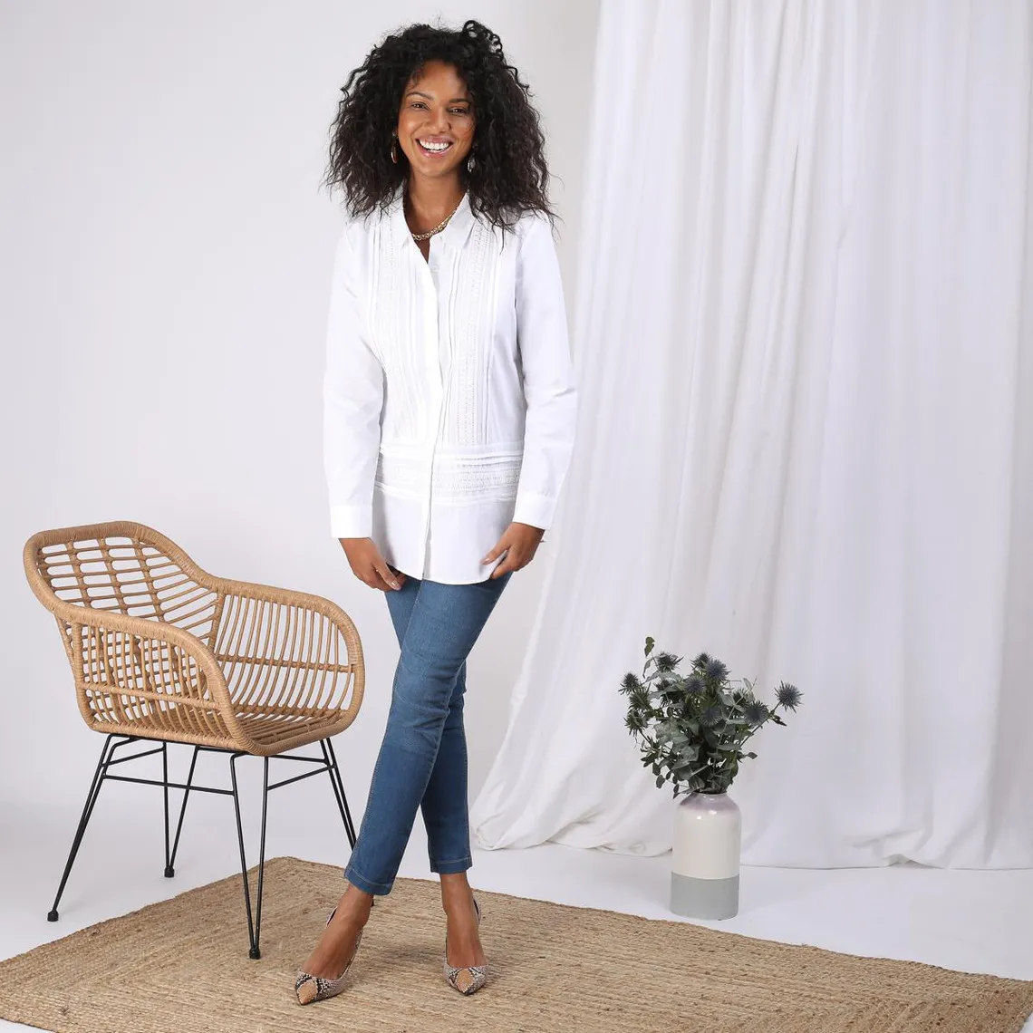 Chemise manches longues dentelle et jeux de plis femme - Blanc | 3 Suisses