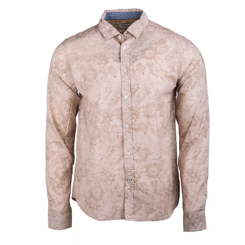 Chemise marron beige imprimée fleur Homme DEELUXE 74 à prix dégriffé 