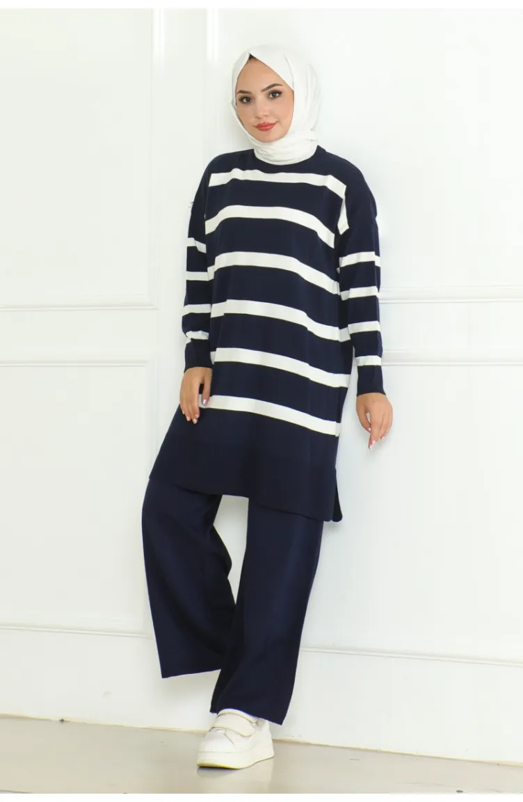 Ensemble Tricot Elégant à Rayures 153-05 Bleu Marine 153-05