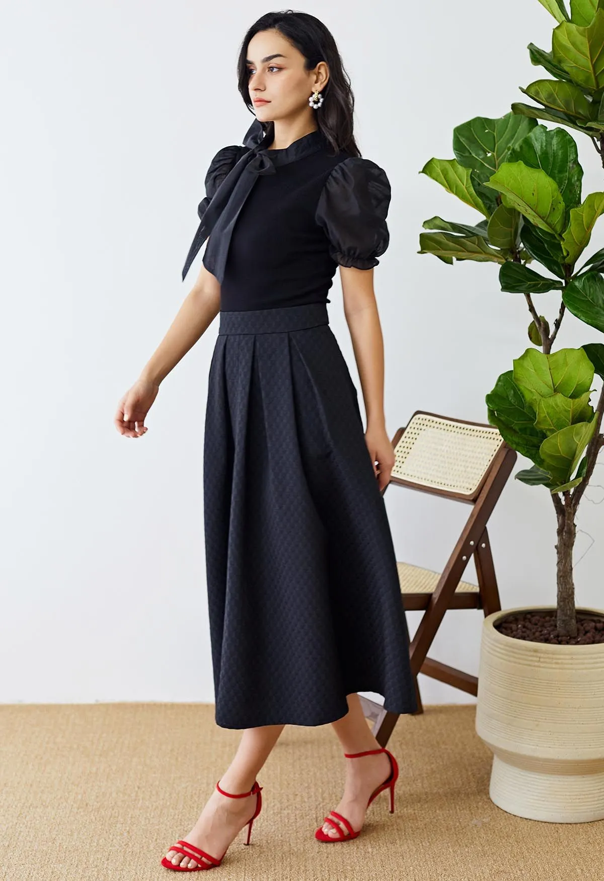 Haut en Tricot Épissé Bowknot Détachable à Manches Courtes en Noir