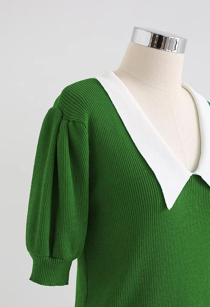Haut en tricot à manches courtes et col contrasté en vert