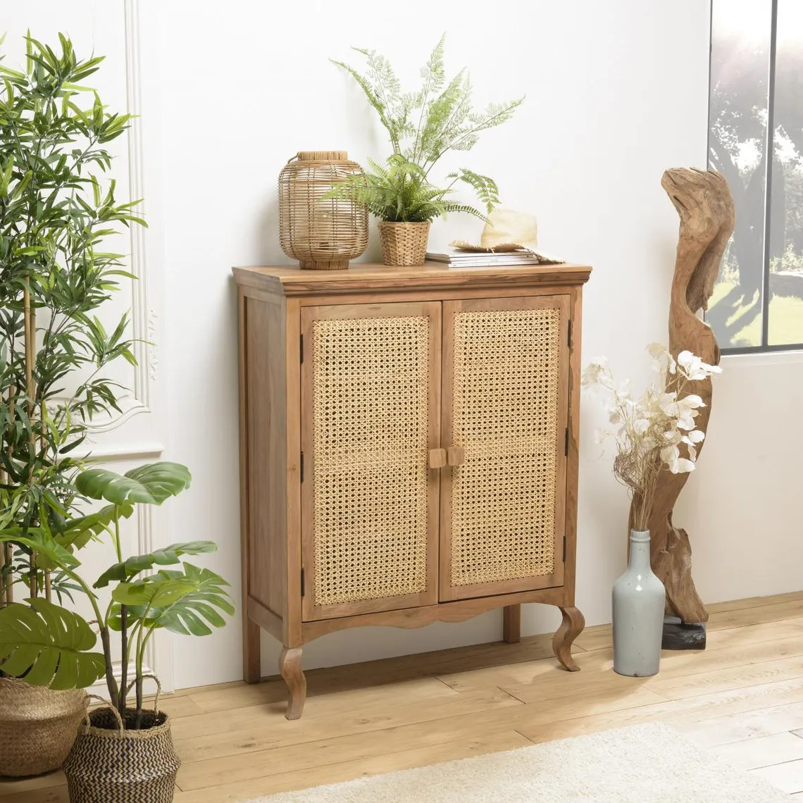 Meuble marron 2 portes bois de jamelonier et cannage naturel ISA | 3 Suisses