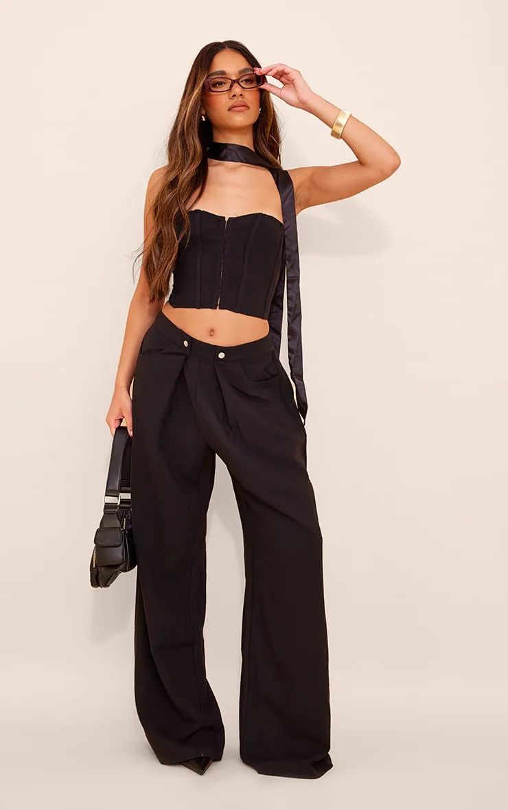 Pantalon large deluxe tissé noir à pli sur la taille