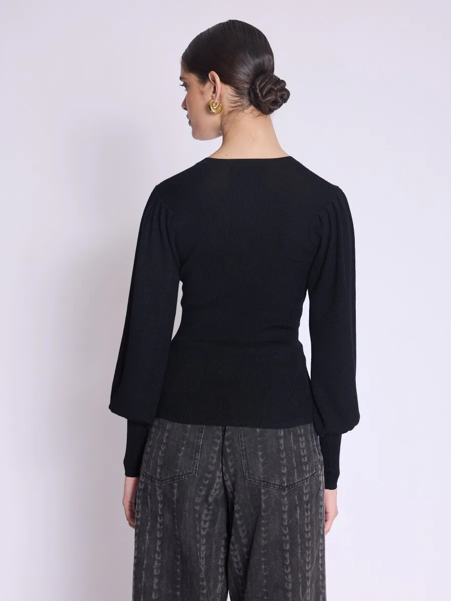 Pull ARIANA | Pull col V noir avec manches bouffantes