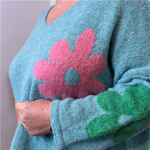 Pull Loose Été Marguerites Bleu - Bleu Clair
