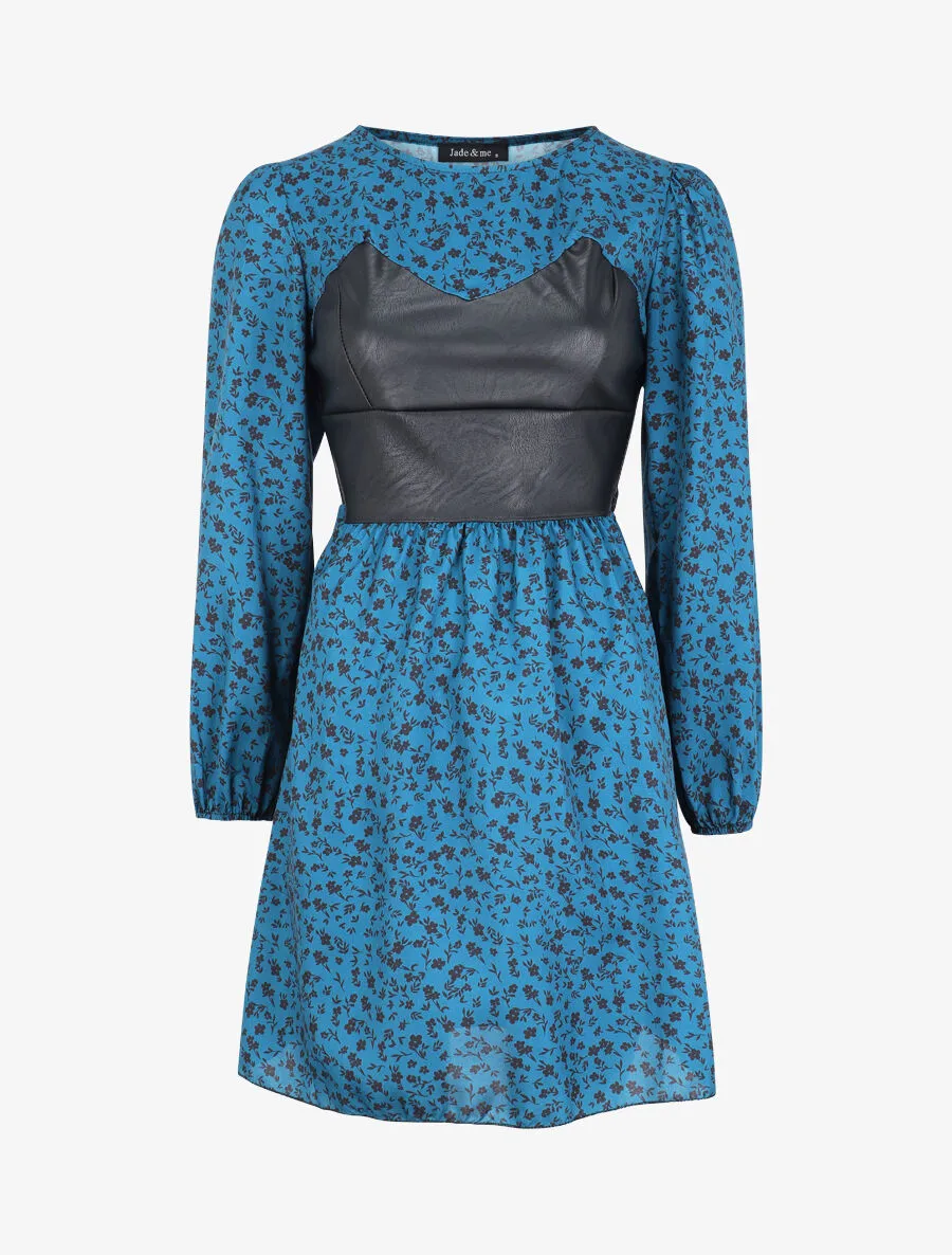 Robe à buste en simili et imprimé petites fleurs - Bleu canard