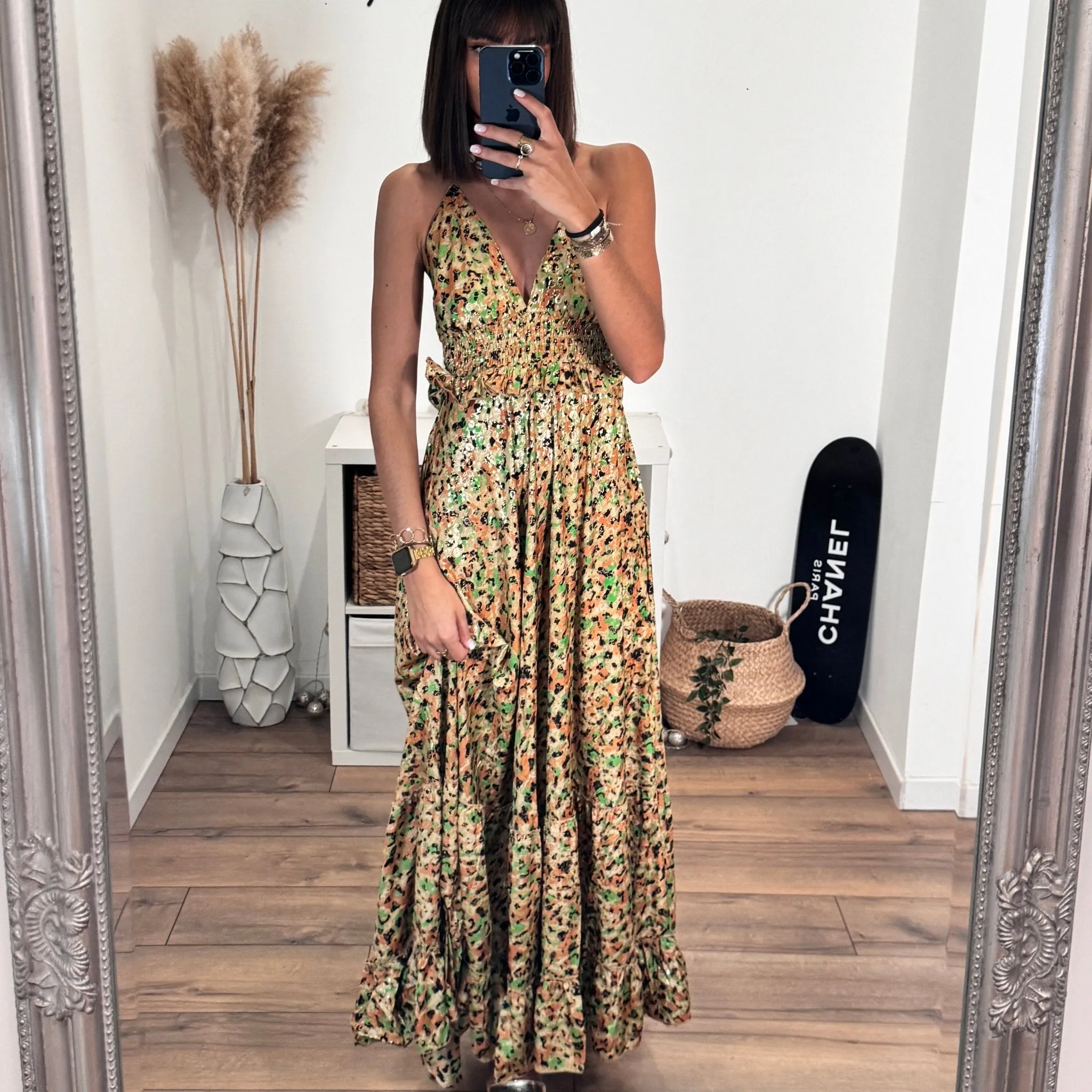 ROBE DOS NU IMPRIME VERT ET GOLD