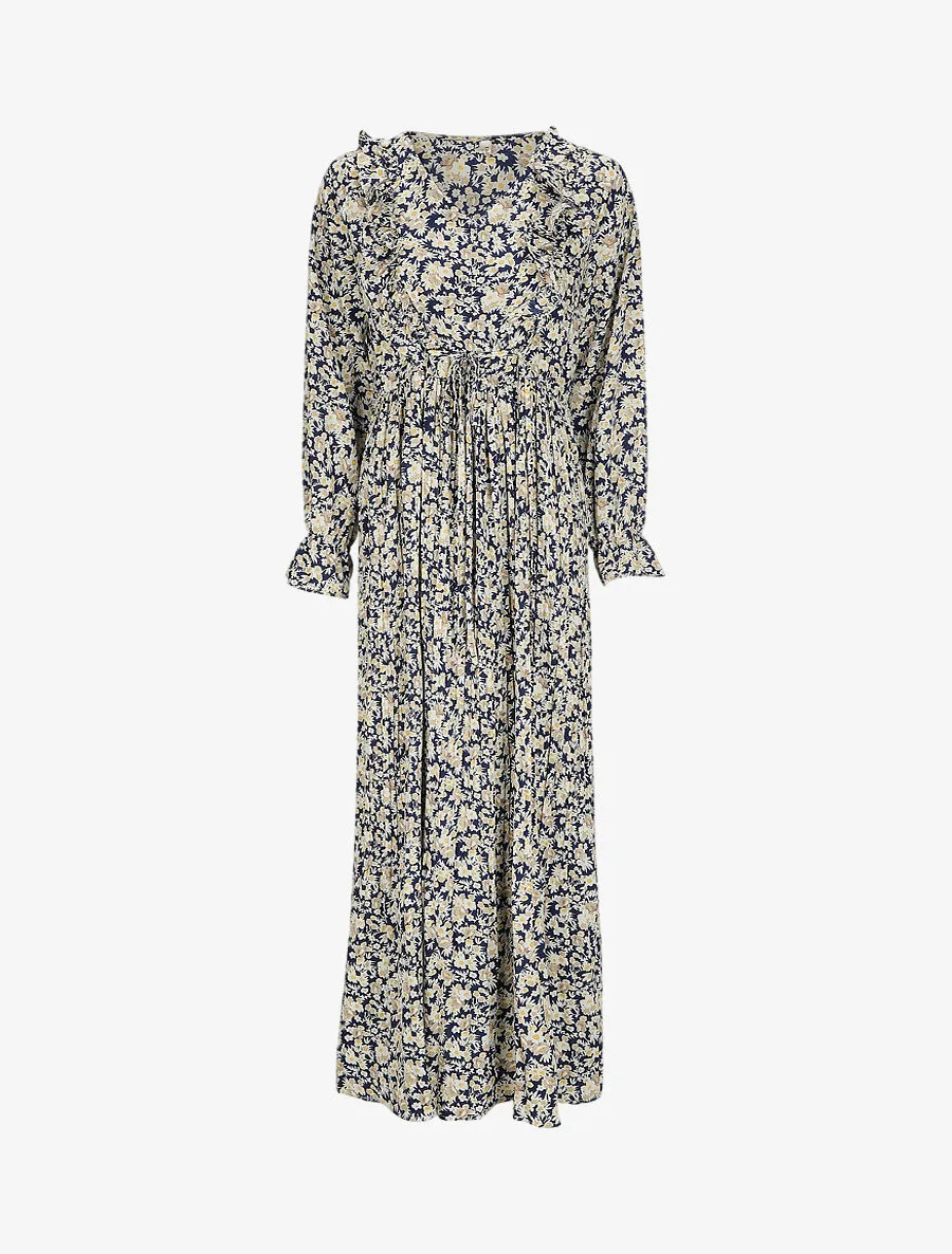 Robe longue évasée à volants imprimé fleurs des champs - Marine