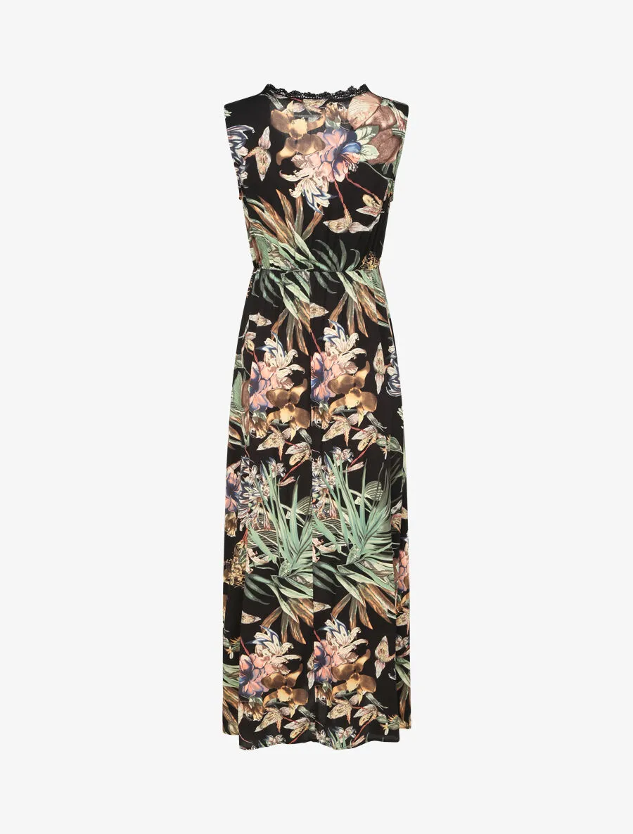 Robe longue en coton imprimé fleurs tropicales - Noir