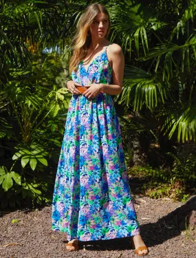 Robe longue imprimé feuilles sauvages à bretelles - Bleu
