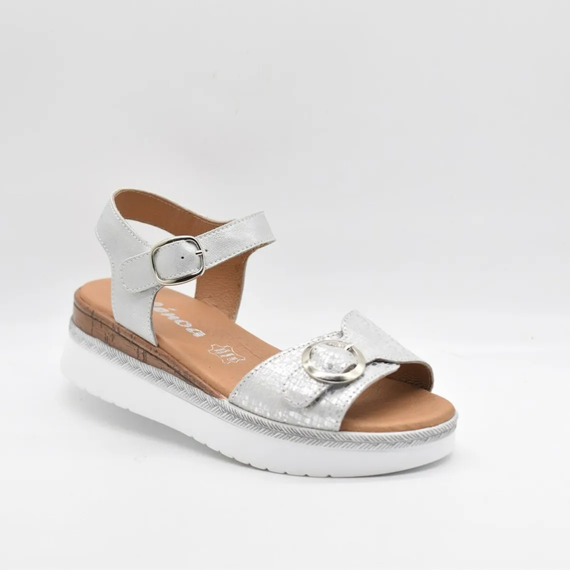 Sandales compensées en cuir argent pour femme | 3 Suisses