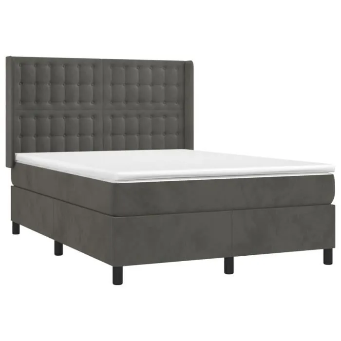 Sommier tapissier matelas et LED Gris foncé 140x200 cm Velours - SALALIS - SP5238