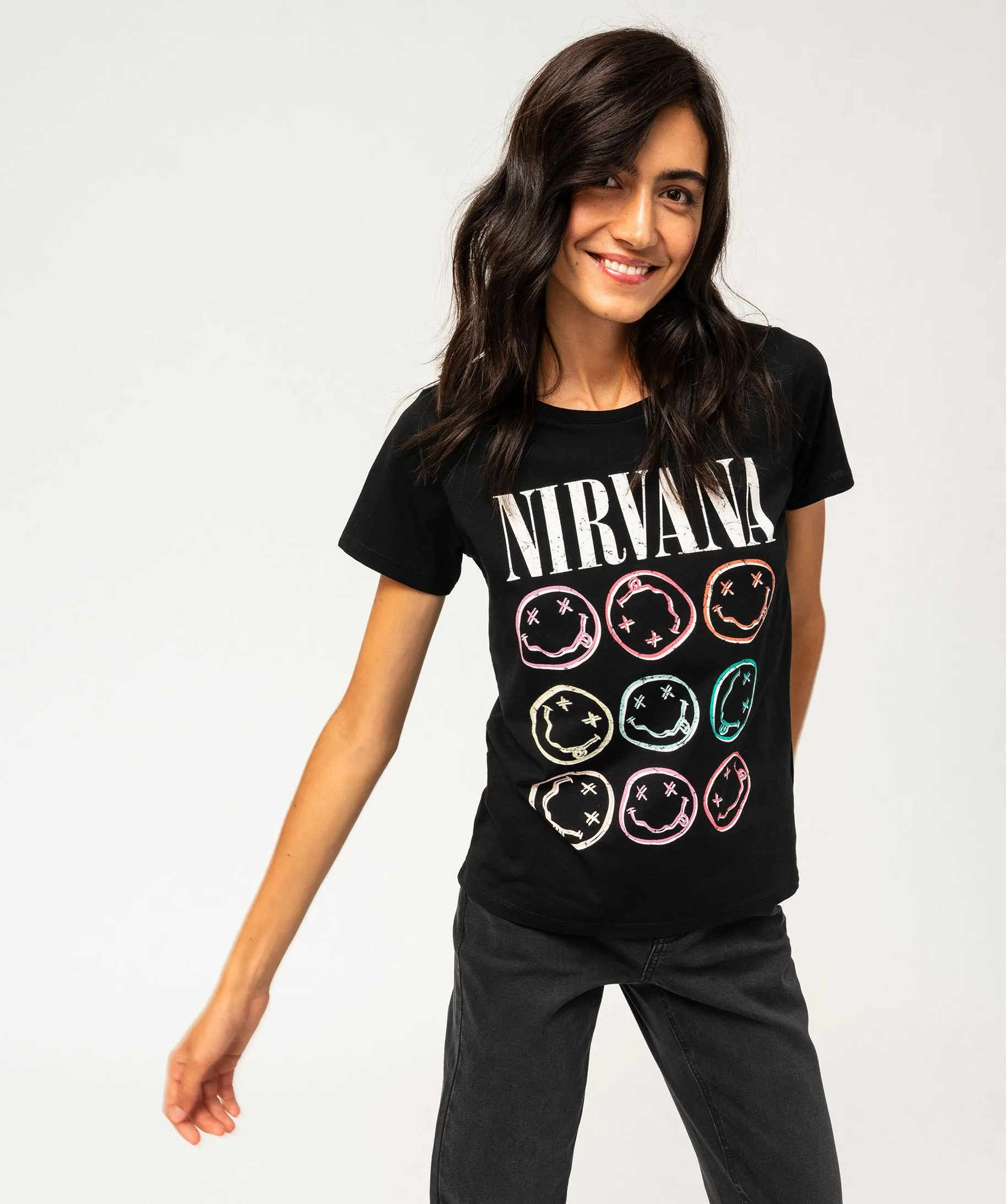 Tee-shirt manches courtes imprimé femme - Nirvana noir